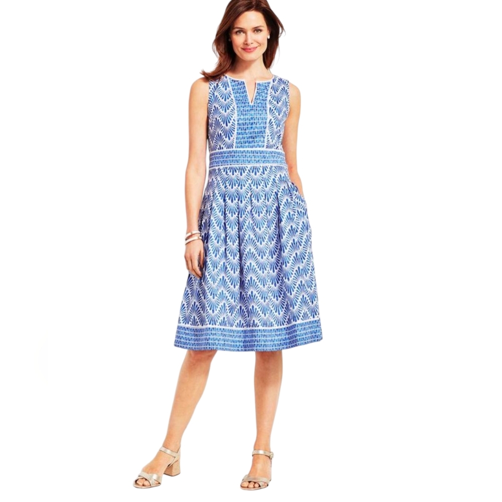 Talbots Womens Dress Geo Mixed-Print Fit & Flare Blue White Beach Coastal sz 10‎